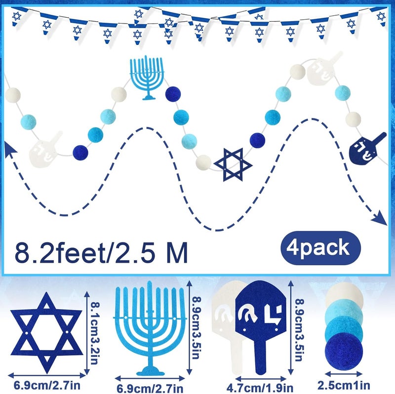 Jansun 4 Pack Hanukkah Garlands 32.8 Feet Felt Menorah Star of David Dreidel Blue White Pom Pom Garland Ornaments for Chanukkah Fireplace Wall Home Outdoor Party Hanging Decor Supplies - Image 2